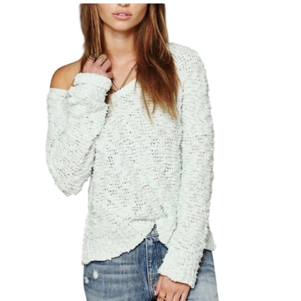 Free People Songbird V-Neck Slouchy Chunky Knit Sweater Mint Green XS